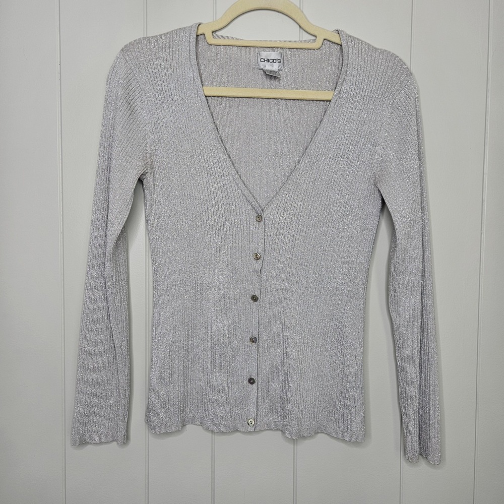Chico's Silver Gray Sweater Button Up V-Neck Shiny Size 1 Equivalent To M 8-10